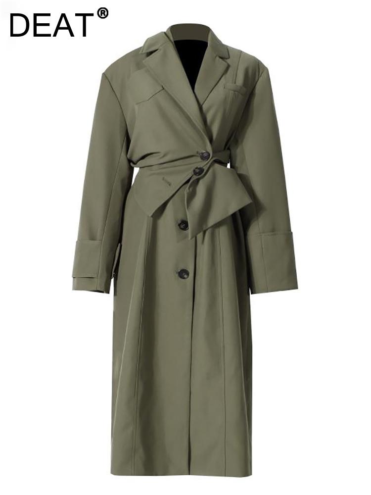 

Raincoats DEAT 2022 Autumn New Women's Windbreaker Turndown Collar Full Sleeves Single Breasted Waist Belt Green Trench Fashion WP005