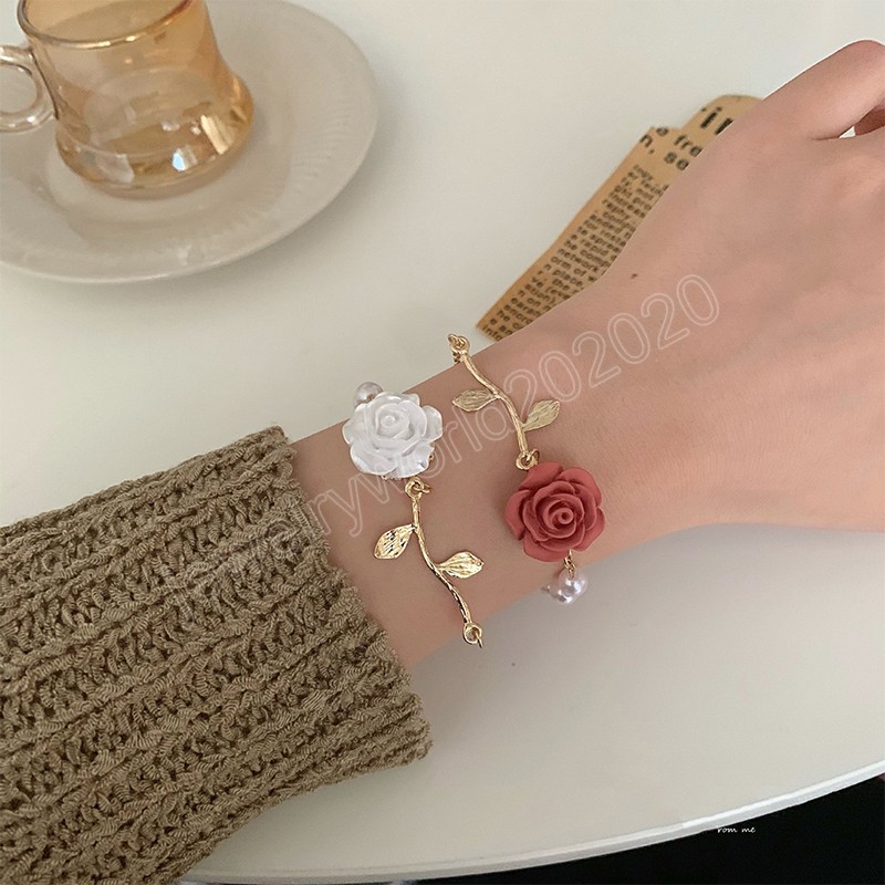 

Fashion Rose Flower Bracelet Bangle Wristband Vintage Imitation Pearl Bracelet Rose Flower Sweet Bracelet Women Girl Jewelry
