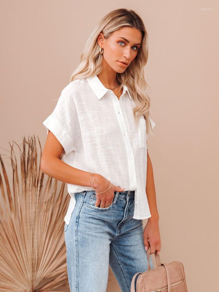 

Women' Blouses 2023 European American Women Clothing Summer In Loose Button Short Sleeve Casual Shirt Solid Turn-down Collar Tops, Army green