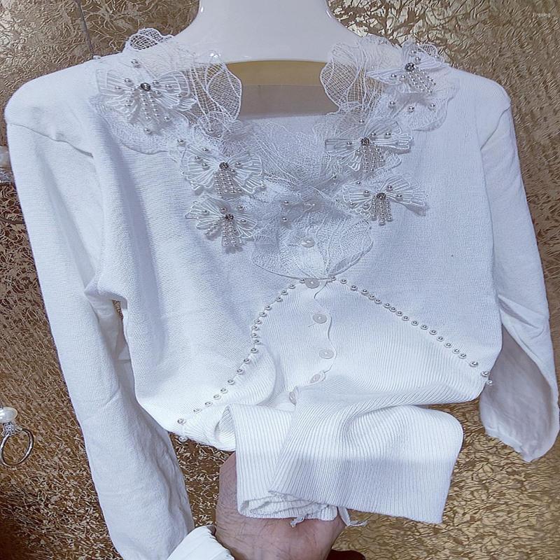 

Women' Knits Water Soluble Spring Lace Beaded Tassel Knitted Cardigan, White