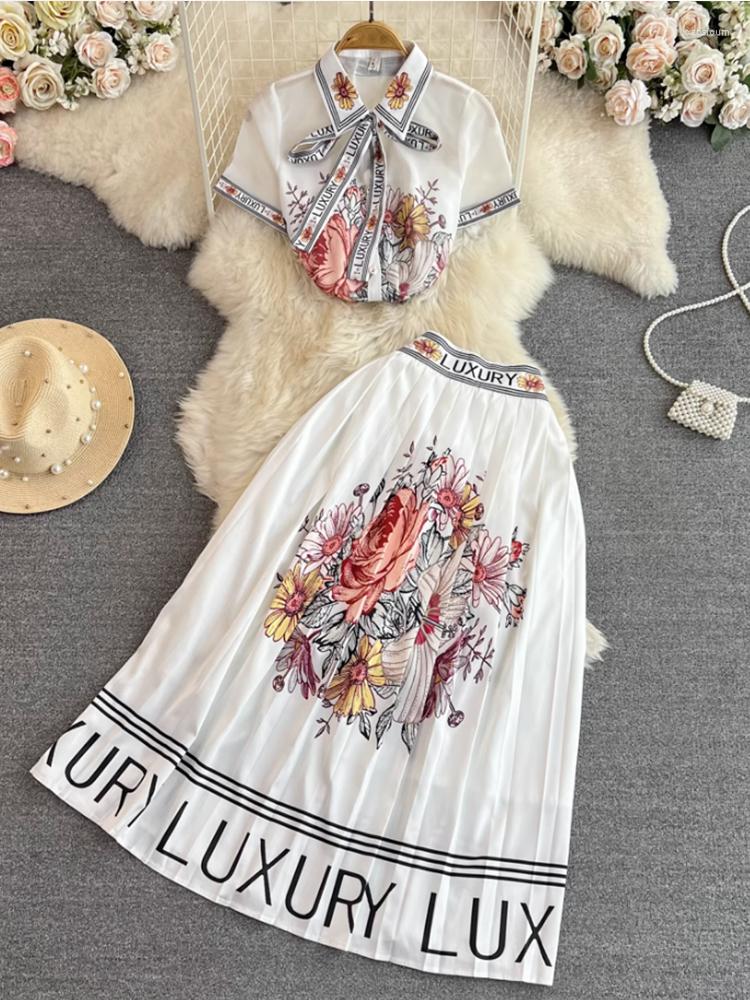 

Work Dresses Runway Summer Skirt Suit Women Bow Tie Collar Short Sleeve Vintage Chiffon Tops Pleated Office Lady 2 Pieces Set N1195, 1194