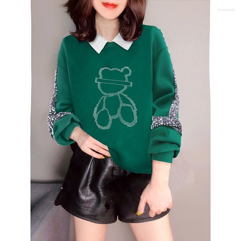 

Women' Hoodies Sweatshirts And Heavy Work Sequins Stitching Lapel Bear Loose Sweater 2023 Autumn Women, Green