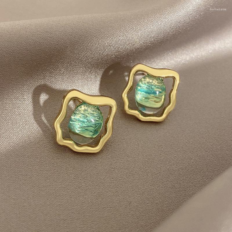

Dangle Earrings Green Crystal Hollow Geometric Irregular Square Stud Earring For Women Gold Color Metal Side Oval Inside Fashion Jewelry