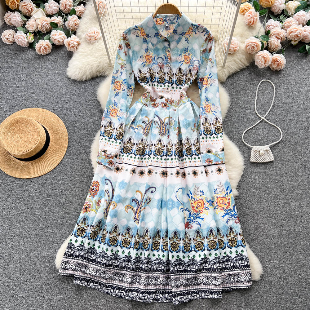 

Court style high-end dress niche printed long sleeved waist up dress new retro tea break French floral long dress, Decor