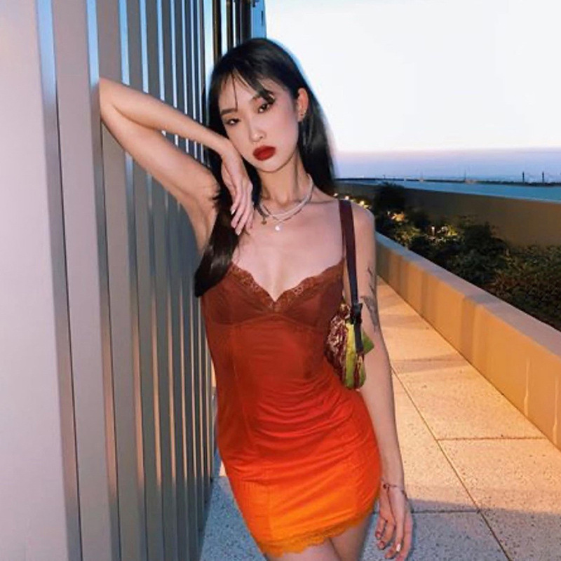 

Gradient Color Bodycon Women Mini Dress Lace Party Clubwear Spaghetti Straps Casual Street Clother, Th2143013-orange