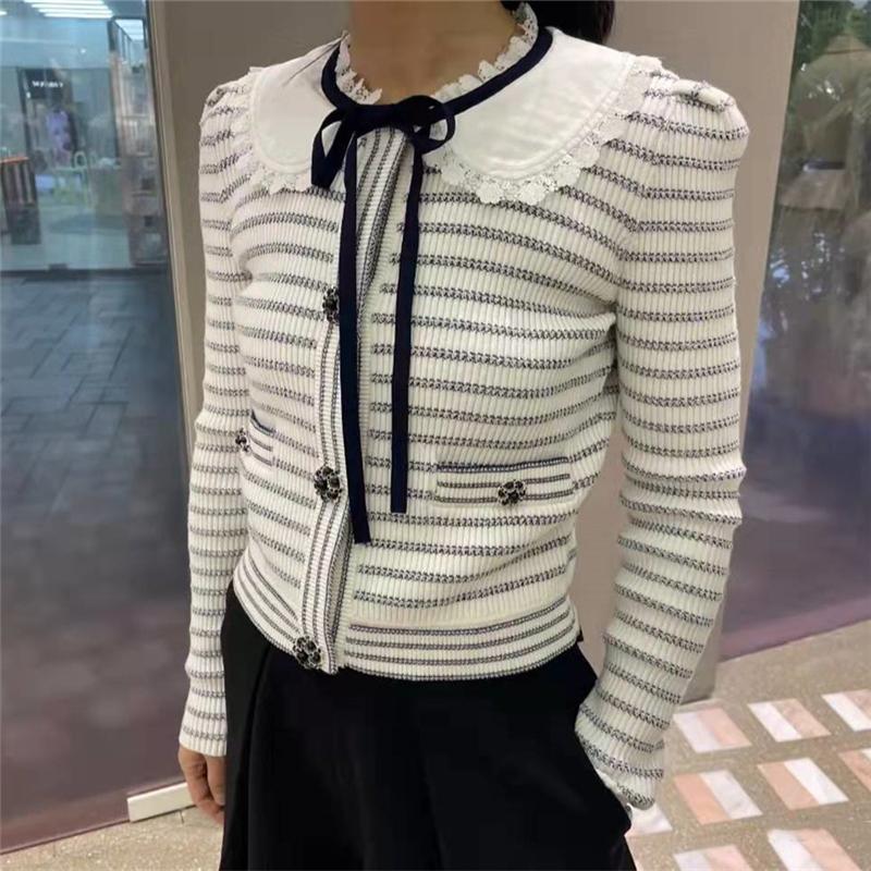 

Sweaters 2022 SPRING NEW ARRIVE KNITTED WOMEN CARDIGAN SWEATER PETER PAN COLLAR FULL SLEEVE STRIPES LADY SWEATER, Picture color
