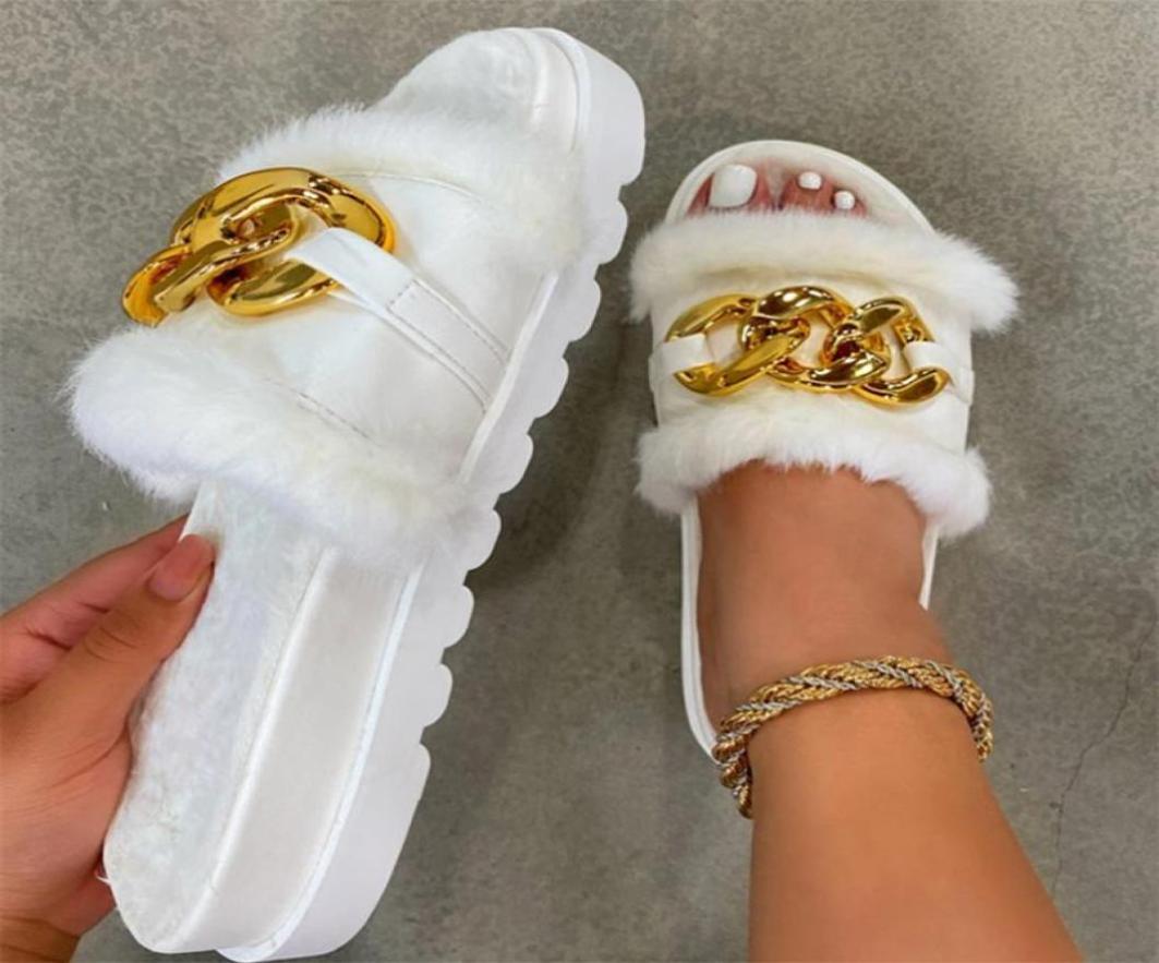 

Slippers Women Fur Slide Metal Chain Female Furry Sandals Ladies Outdoor Fluffy Summer Flat Flip Flops Slip On Platform Thick Bott5773183, White