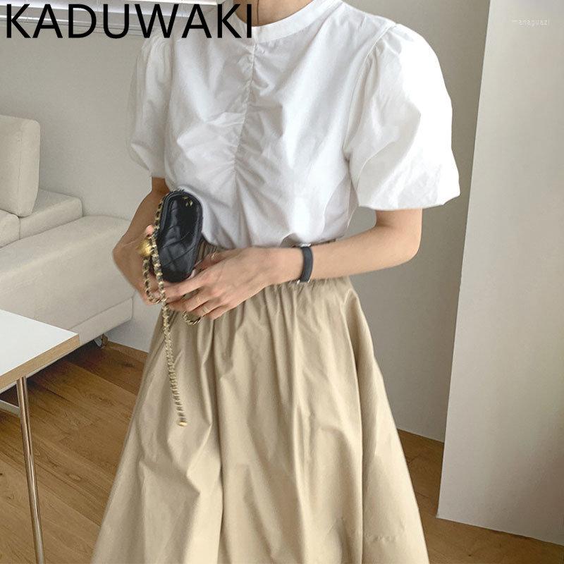 

Women' Blouses Summer 2023 Simple O Neck Pleated Blouse Women Puff Sleeve Loose Casual Vintage Shirts Korean Chic Elegant Blusas, White blouse