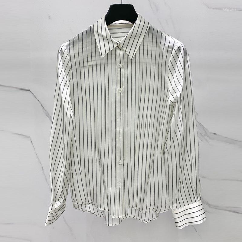 

Women's Blouses Vintage Sole-Silk White Striped Fashion Office Single Breasted Lapel Shirts Elegant Women Long Sleeve Loose Tops