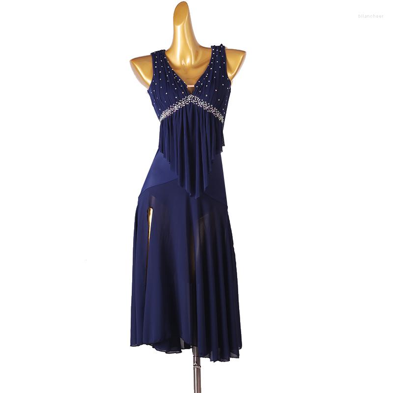 

Stage Wear Shiny Latin Dance Dress Women Sexy Tango Backless Samba Outfit Rhinestone Performance Costume Dancewear JL3648, Blue