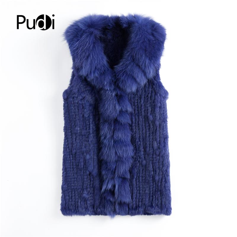 

Fur VT901 Pudi Autumn Fashion Women Genuine Rabbit Fur Vest With Real Fox Fur Collar Long Lady Casual Coat, Brown