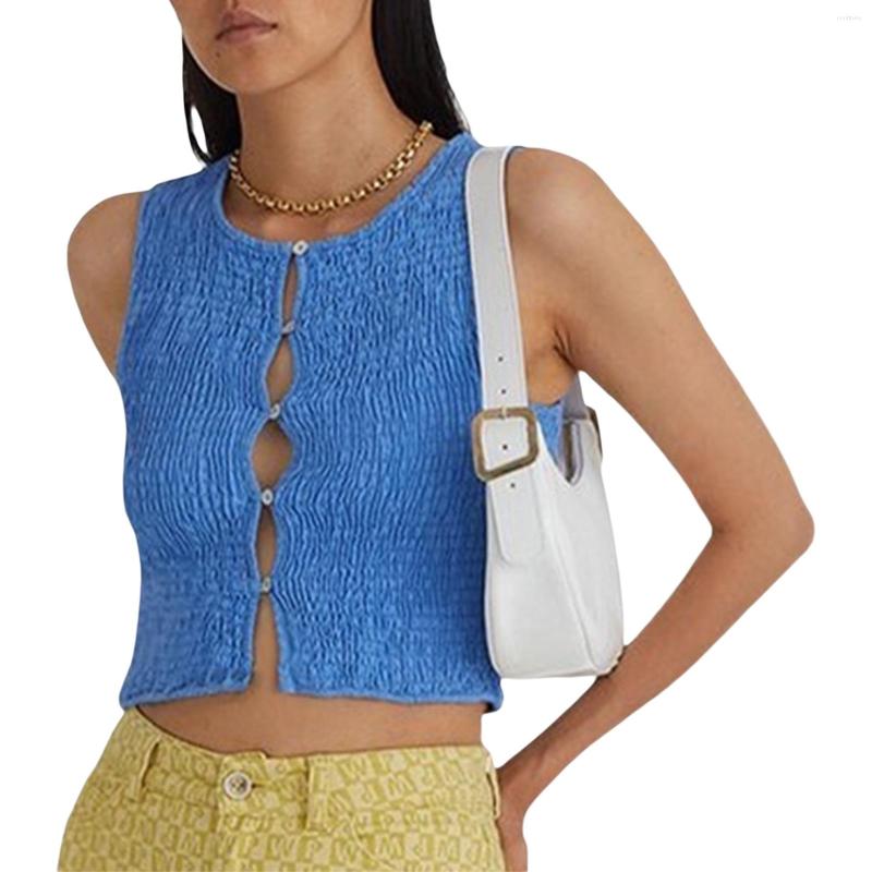 

Women' Tanks Crinkled Textured Button Cardigan Sleeveless Y2k Tops For Women T-Shirts Crew Neck Slim Elegant Blue Sexy Girls Vest