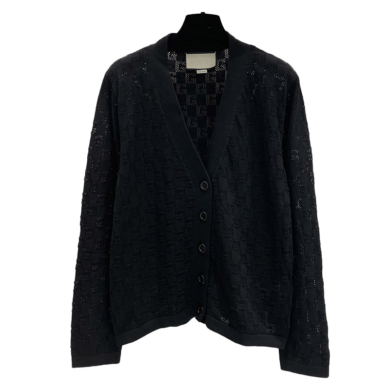 

Women' Knits & Tees Lace sleeve double-breasted horizontal strip black and white color matching Ragged air Cardigan Hollowed out