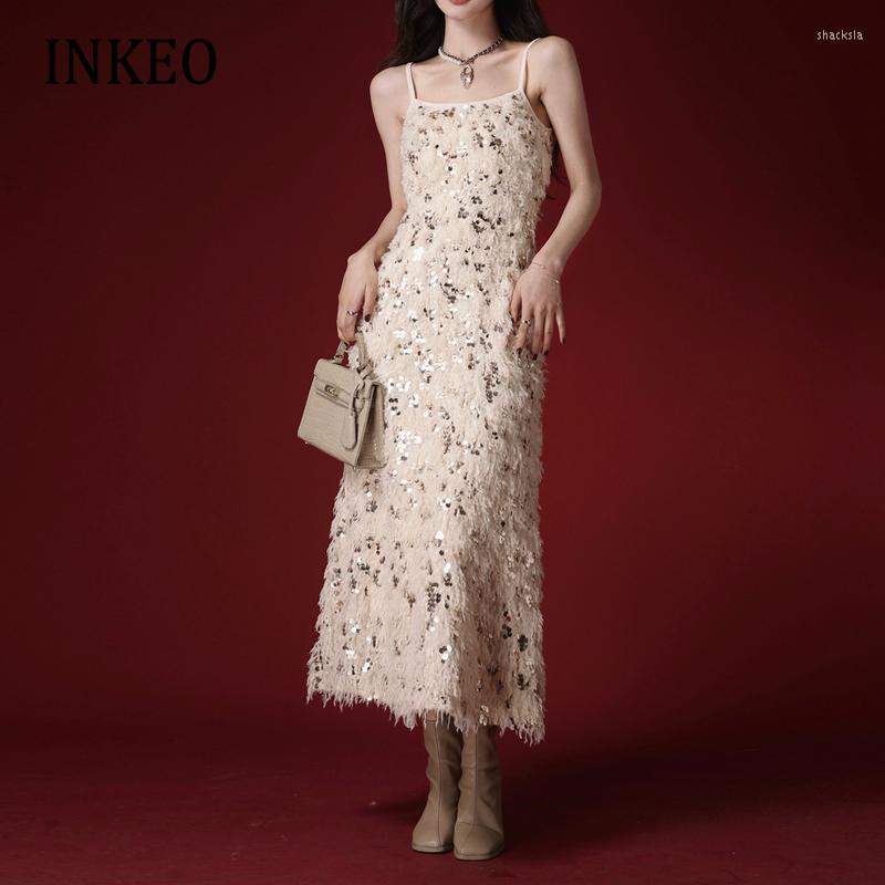 

Casual Dresses Luxury Party Feather Sequins Spaghetti Strap Dress Sexy V-neck Slim Sleeveless Midi 2023 Vesidos INKEO 3D001, Champagne color