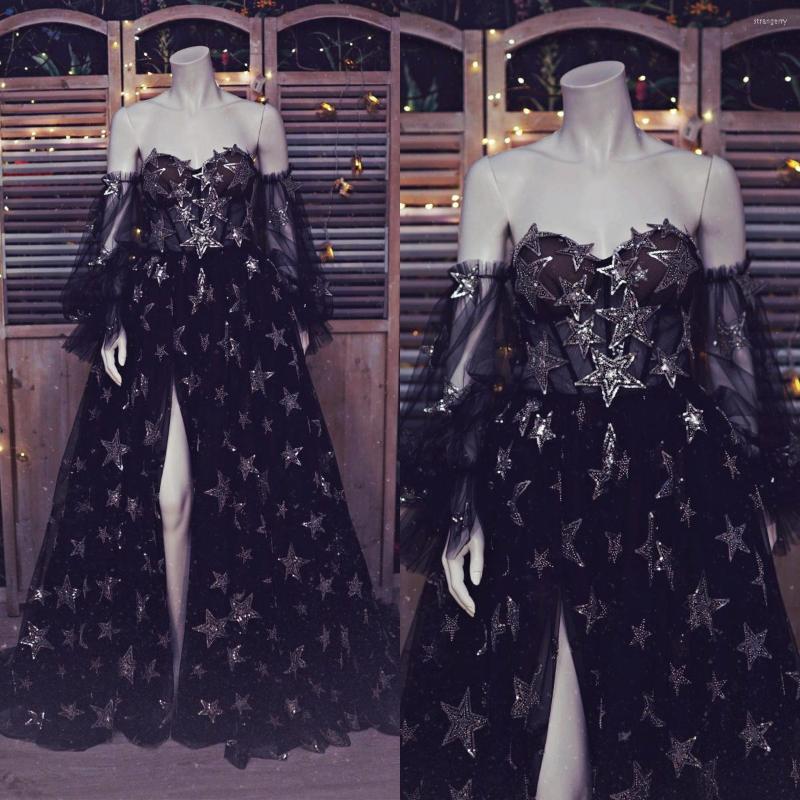 

Party Dresses 14753#Black Starry Tulle A-Line Long Prom Sweetheart Off The Shoulder Puff Sleeves High Slit Evening Formal Gowns, Picture shown