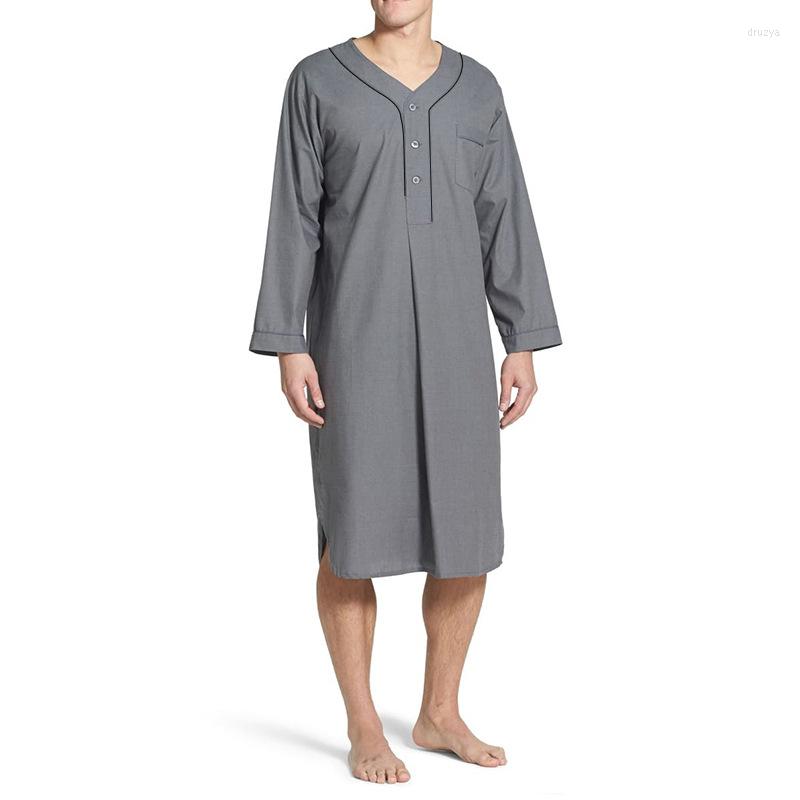 

Men' Sleepwear Sleeves Solid Robe Saudi Men Arab 2023 Dubai With Color Nightshirt Bath Long Pockets Kaftan Nightgown Loose, Blue