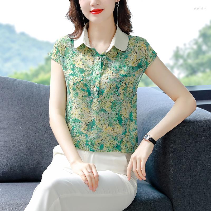 

Women's Blouses Turn-down Collar Chiffon Shirt Women Tops Blouse 2023 Summer Korean Floral Print Short Sleeve Casual Loose Lady Clothes 4XL, Pink