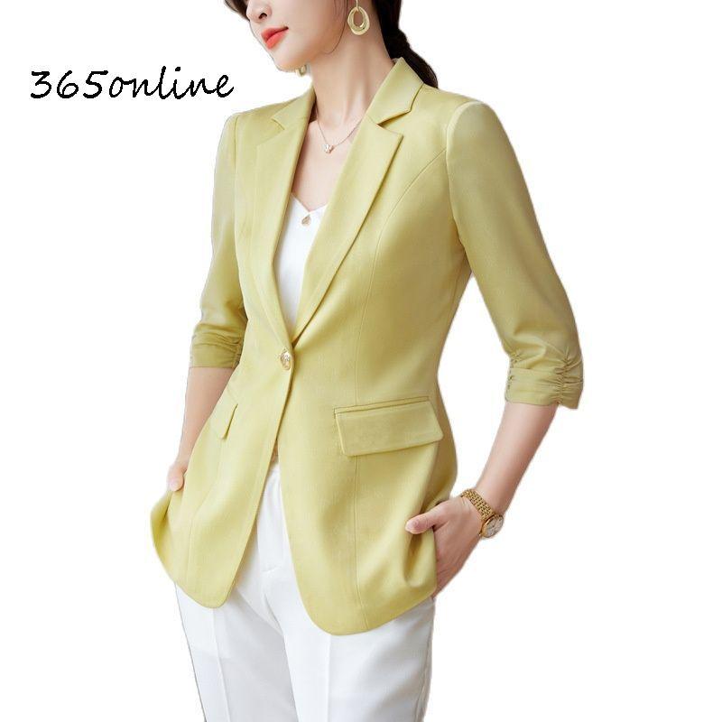 

Pants Women Blazer Coat Jackets Outwear Formal Professional Work Wear Fashion Temperament Blaser New Casual Office Ladies Tops Clothes, Yellow blazer coat