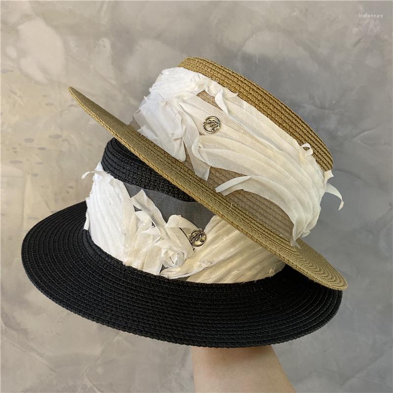 

Wide Brim Hats Summer Elegant Retro Women Flat Top Straw Hat Lace Ribbon Casual Caps Beach Sun M Letter Vacation Cap Sombrero Playa Mujer, Black
