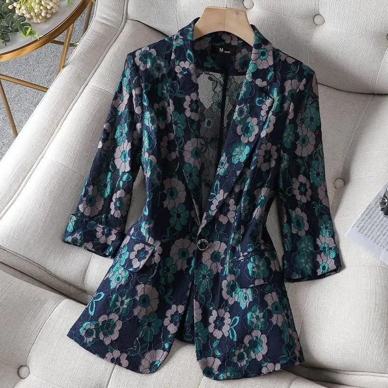 

Pants PRINTED LACE SUIT WOMEN'S SUMMER NEW KOREAN VERSION FASHION RETRO LIGHT FAMILIAR STYLE SLIM THIN CASUAL SUN PROTECTION JACKET, Blue