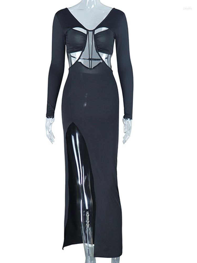 

Casual Dresses Fashion Women Long Sleeve Autumn Backless Sexy Hollow Out Split Cut Dress Maxi Length Party, Black