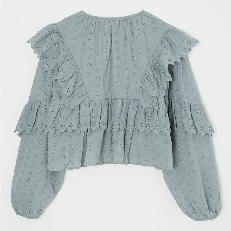 

Women's Blouses & Shirts V-neck Belt Ruffled Solid 2023 Japan Style Long Sleeve Shirt Women Spring Elegant Temperament Crop Tops, Light blue shirt