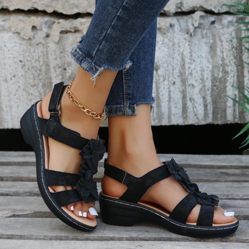 

Dress Shoes 2023 Women Reported Wedges Orthopedic Flowers Decoration Comfortable Walking Sandals Beach Sandalias Mujer, Gold