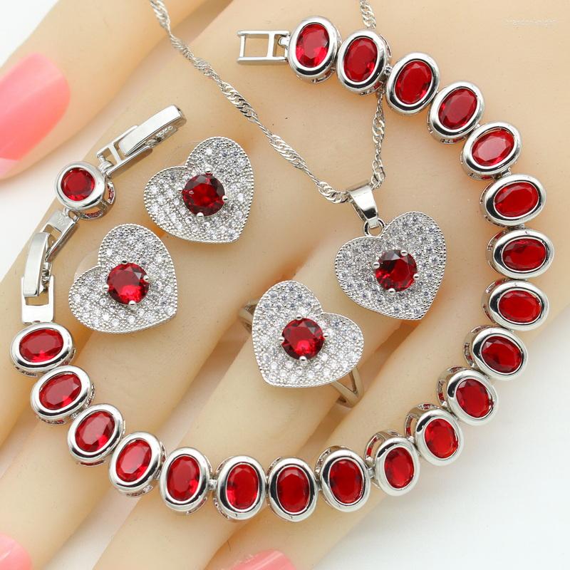 

Necklace Earrings Set Classic Red Zirconia Silver Color Wedding For Women Pendant Bracelets Stud Rings Halloween Gift, Picture shown