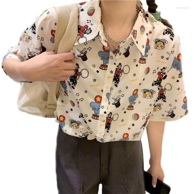 

Women's Blouses 2023 Summer Vintage Women Cartoon Circus Clown Print Blouse Turn Down Collar Half Sleeves Shirt Teen Girls Button Up Blusas, Blue