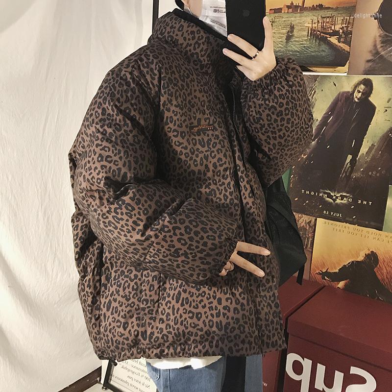 

Men's Down Winter Thick Leopard Jacket Warm Fashion Parka Men Casual Collar Coat Man Wild Loose Cotton Male Clothes, Brown