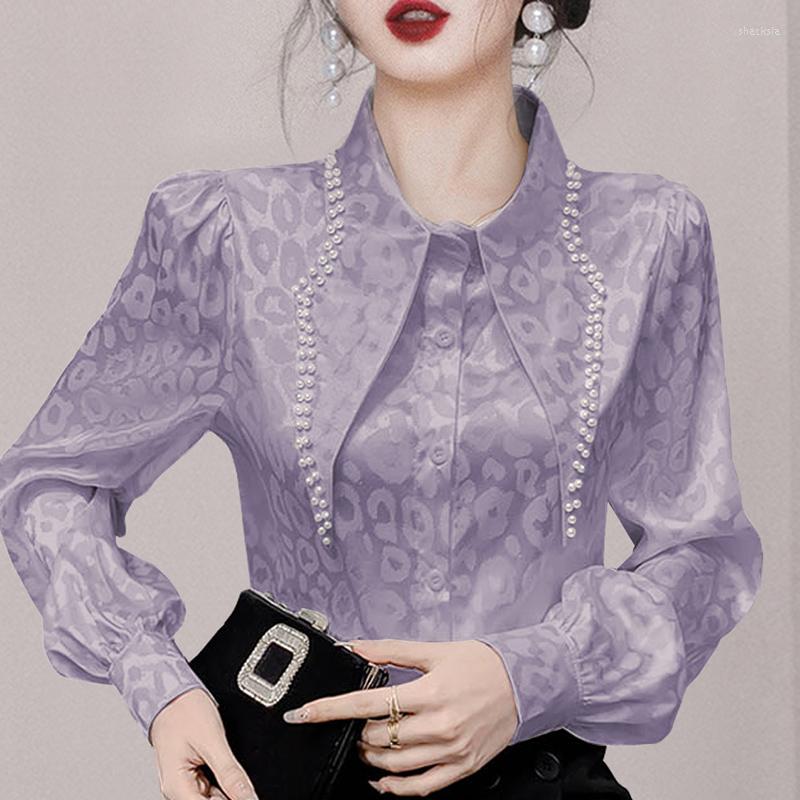 

Women' Blouses Elegant Women Beaded Turn Down Collar 2023 Spring Pink Flower Print Single Breasted Ladies Office Loose Shirt Tops, Sky blue