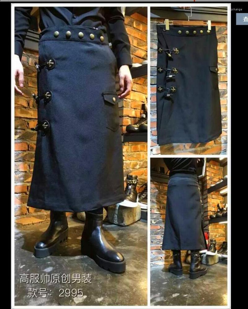 

Men's Pants Men Culottes Non-mainstream Fashion Avant-garde Catwalk Horn Button Hairstylist Skirts Trousers Singer Costumes, Black