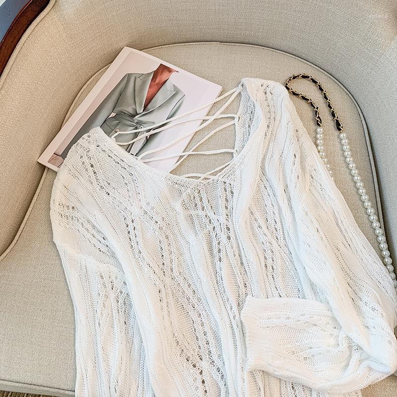 

Women's Sweaters White Color Fashion Hollow Out Women Pullovers Full Sleeves Criss-Cross Lady Knitted Jumpers Sweater, Black