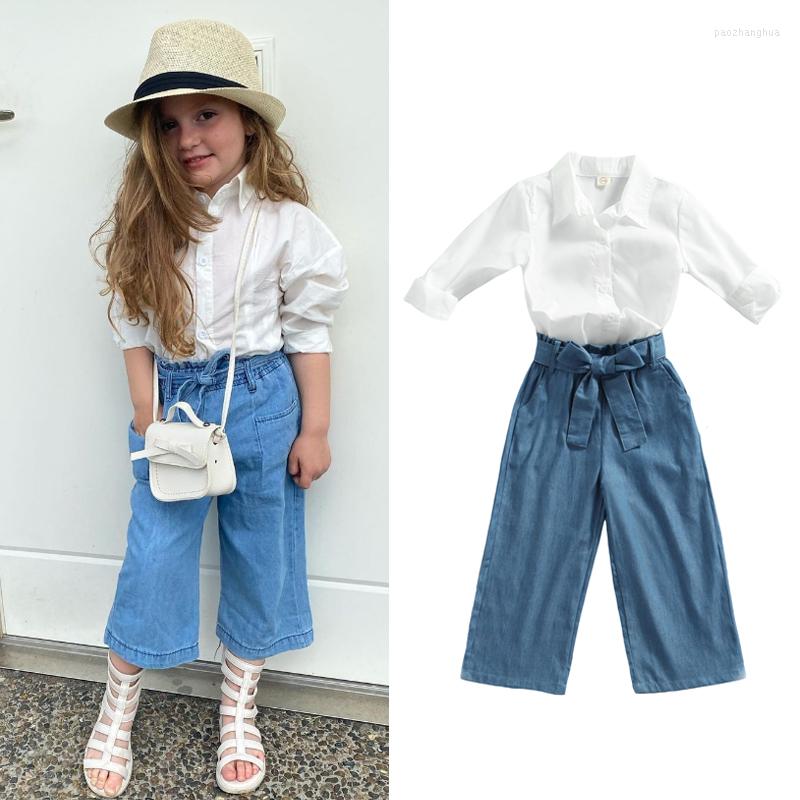 

Clothing Sets Fashion Kids Girls 1-6Y 2pcs Long Sleeve White Blouse Shirt Wide Leg Denim Pant Trouser Spring Autumn Clothes, Picture shown