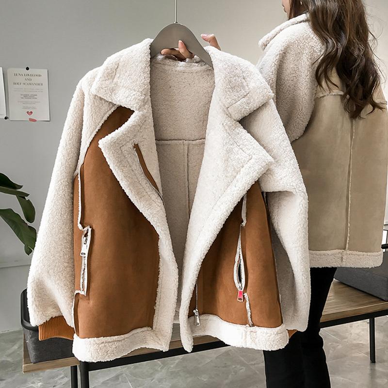 

Fur Women's Fashion New Style Loose Fur In One Suede Coat Short Lamb's Wool Motorcycle Suit Temperament Comfortable Outerwear Winter, Apricot color