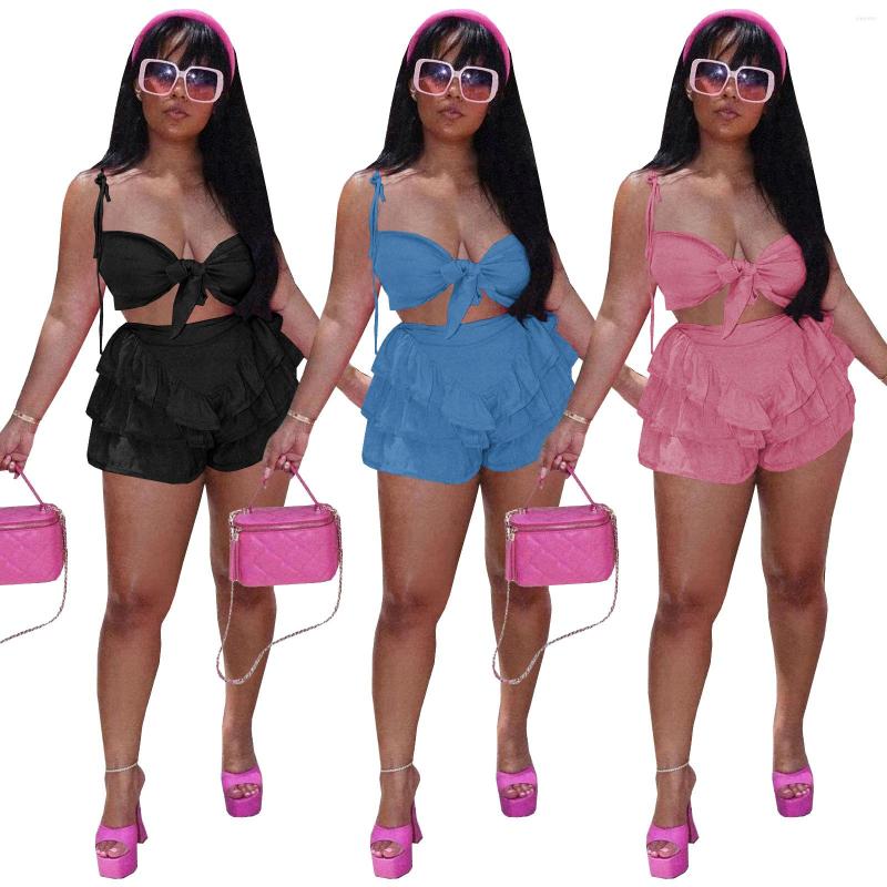 

Women' Tracksuits Sexy Bra 2 Pieces Shorts Sets Women Spaghetti Strap Crop Top With Bows And Ruffled Mini Summer Beach Wear Party Clubwear, Black