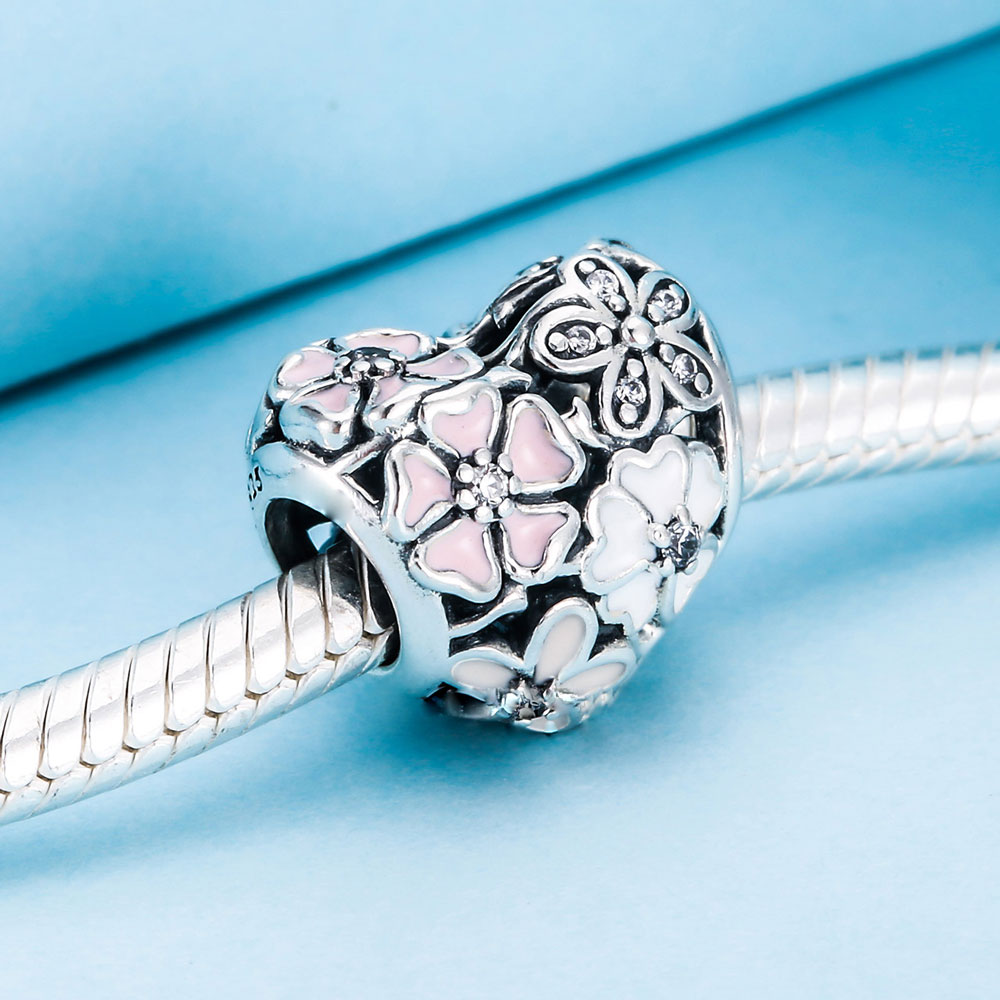 

925 Sterling Silver Poetic Blooms Heart Flower Bead with Mixed Enamel Fits European Jewelry Pandora Style Charm Bracelets