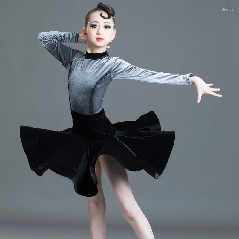 

Stage Wear Children Latin Dance Dress Girls Autumn Winter Two Pieces Split Skirts Suit Competiton Performance, Gray