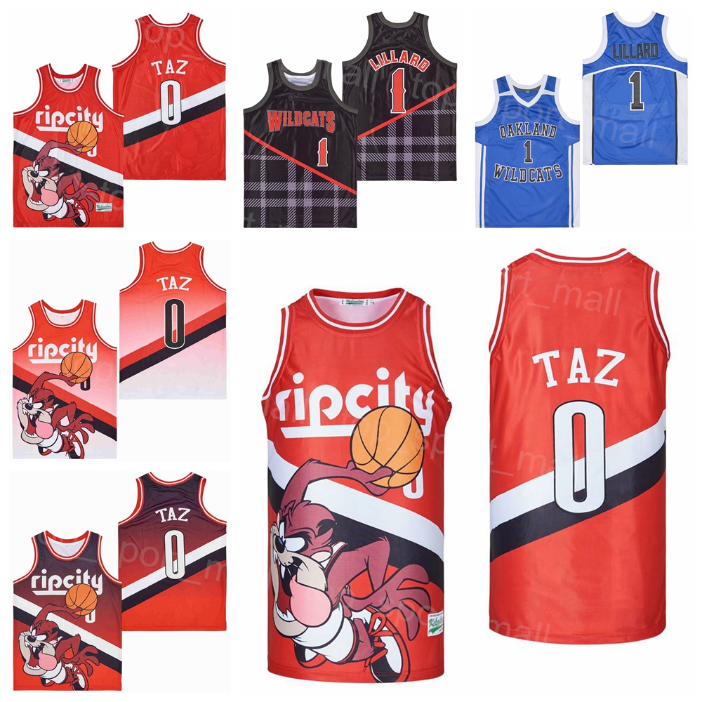 

High School Basketball 0 RIPCITY TAZ Jersey Oakland Wildcats Damian Lillard 1 Shirt Uniform Black Red Blue Team Away HipHop Pullover Moive College For Sport Fans