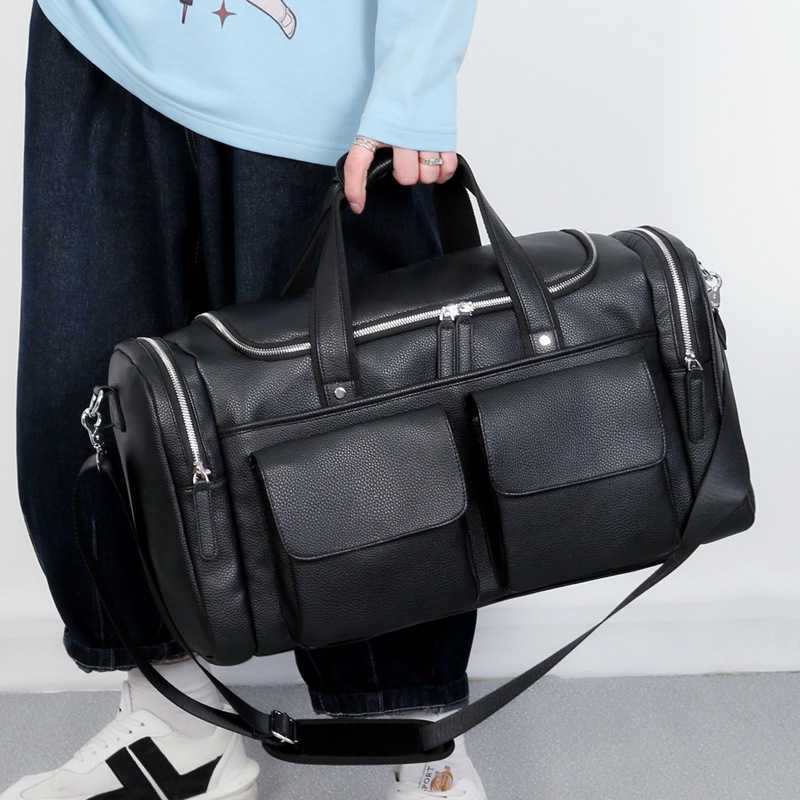 

Hand luggage bag men's Single Shoulder Messenger Bag short distance travel bag PU leather fitness bag large capacity business bag 230420, Black11