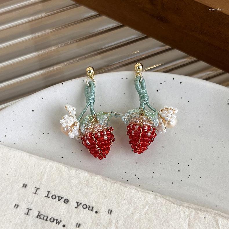 

Dangle Earrings Sweet And Lovely Pink Beaded Hand-woven Strawberry Drop 2023 Design Fruit Girl's Jewelry Accessories