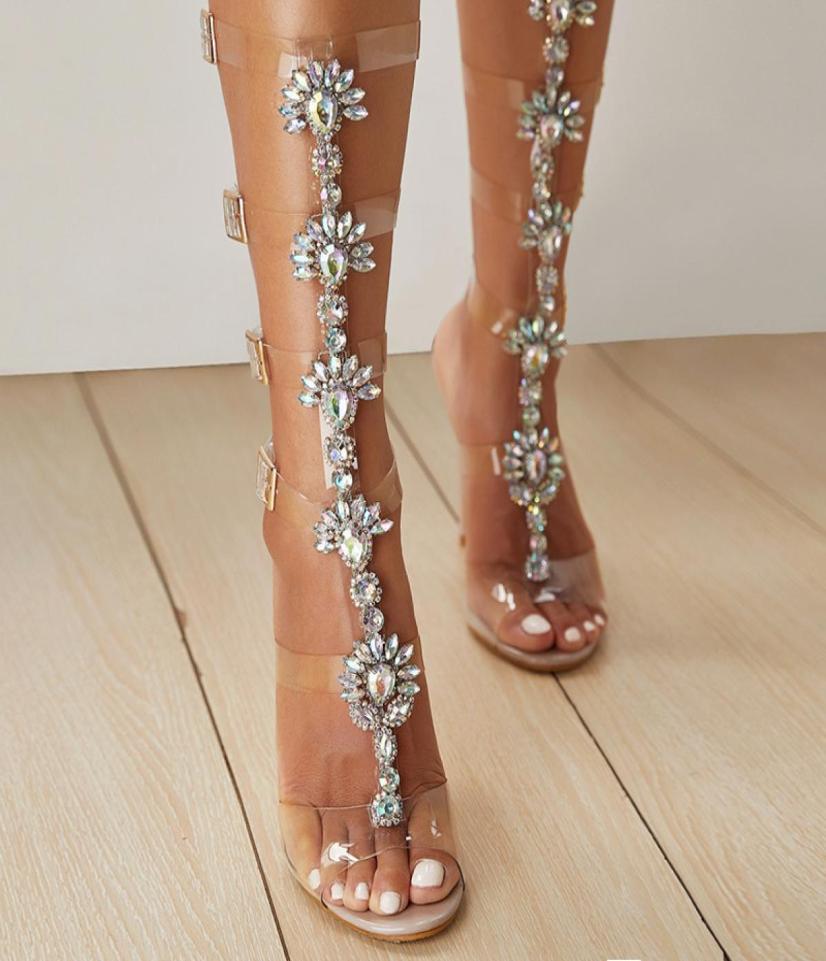 

Lady High Heels Shoes Sexy Women Party Shoes Design Rhinestone PVC Transparent Stiletto Sandals Shoes Crystal TStrap X05234524768, Beige