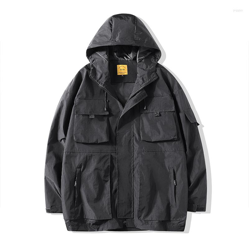 

Men's Jackets Black Cargo Men Streetwear Tactical Jacket Multi-pocket Male Hoody Windbreaker Coat, Gray