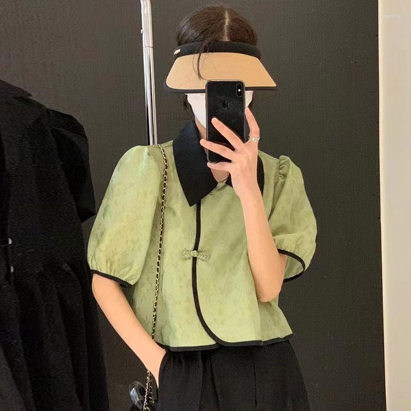 

Women's Blouses WDMSNA Summer Vintage Lapel Blusas Panel Contrast Button Blouse Women Puff Sleeve Thin Shirt For Korean Chic Crop Top, Green