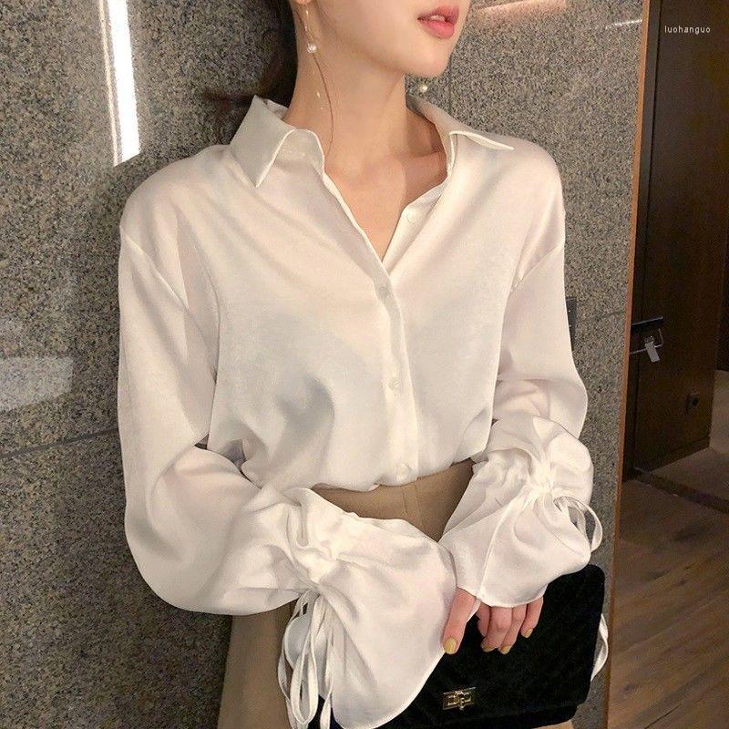 

Women' Blouses Women Solid Color Shirt For Female Casual Long Sleeve Lapel Button Shirts Ladies Elegant Tops Oversize Clothing G540, White