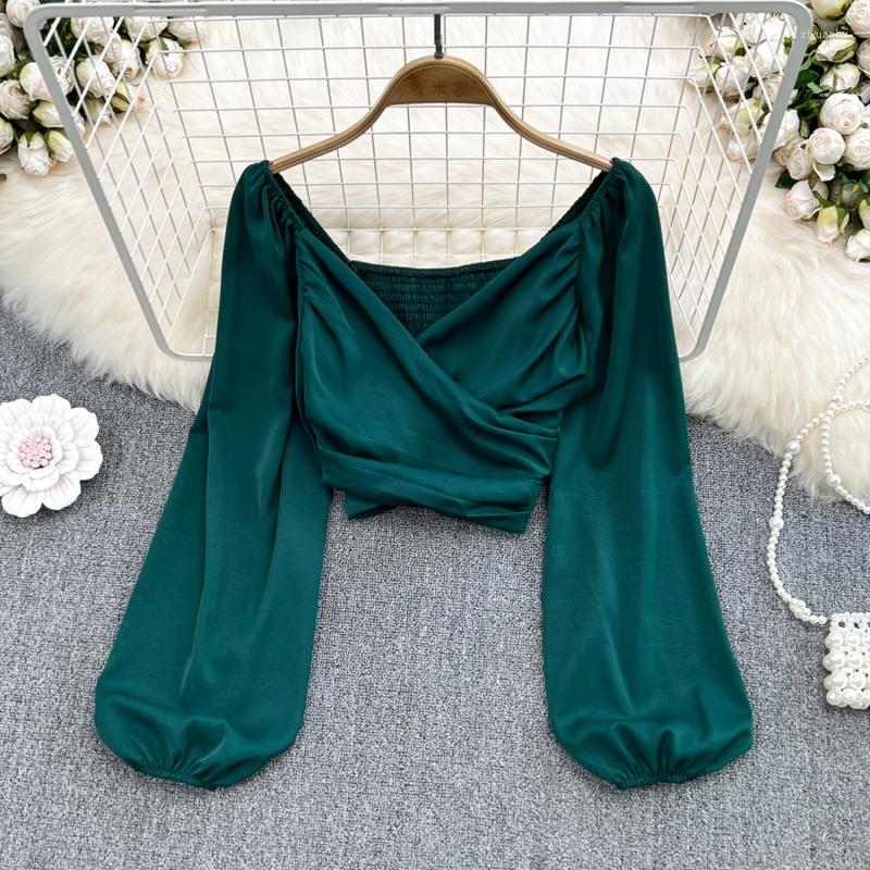 

Women's Blouses 2023 Spring Summer V-Neck Blusas Women Plain Sexy Elastic Long Puff Sleeve Ladies Solid Chic Ruched Crop Tops Female, Green