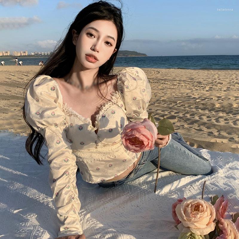 

Women's Blouses Puff Sleeve Sexy Party Floral Blouse Women Breathable V Neck Polyester Women's Patchwork Crop Top Slim Shirt Korean