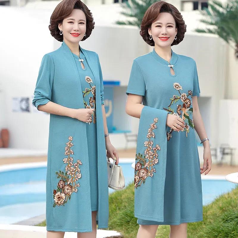 

Work Dresses 2023 Women Dress 2 Piece Set Spring Elegant Cheongsam Knitted Cardigan Coat Middle-aged Mother Embroidered Suit 5XL, Wine red