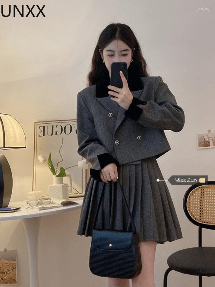 

Two Piece Dress UNXX Preppy Style Woolen Blazer Skirt Set 2pcs Sets Autumn Winter Korean Elegant Uniform Pleated Short Suit Jacket Setup, Picture color