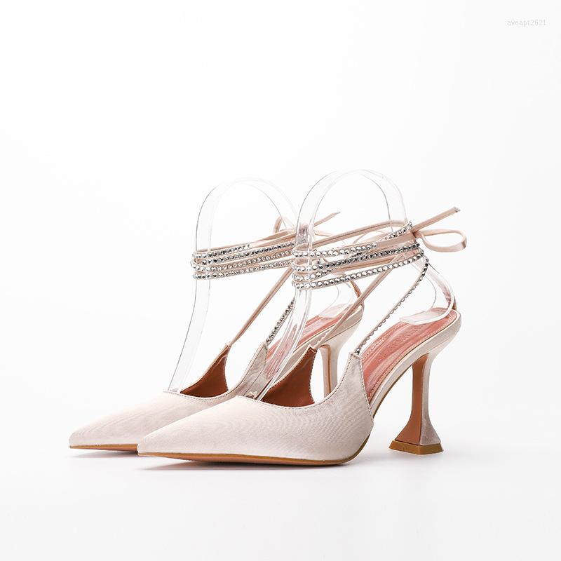 

Sandals Satin Rhinestone Band Pointed Toe Lace-up Pumps Cross-tied Women Shoes Elegant Banquet High Heels Concise Party Sandales, As show